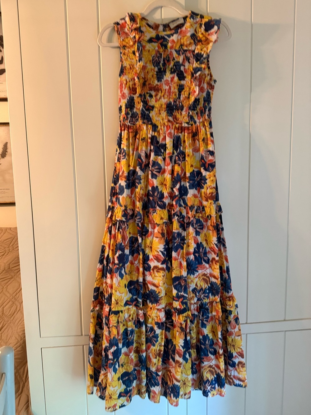 Banjanan women’s yellow & navy Floral sleeveless smocked Maxi Dress sz XS